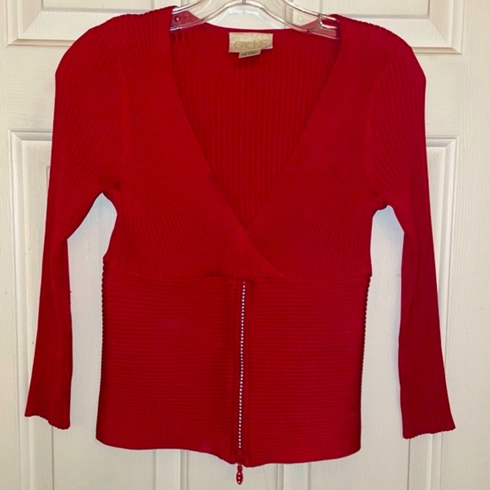 Cache Red V-Neck Top With Rhinestone Zipper - image 1